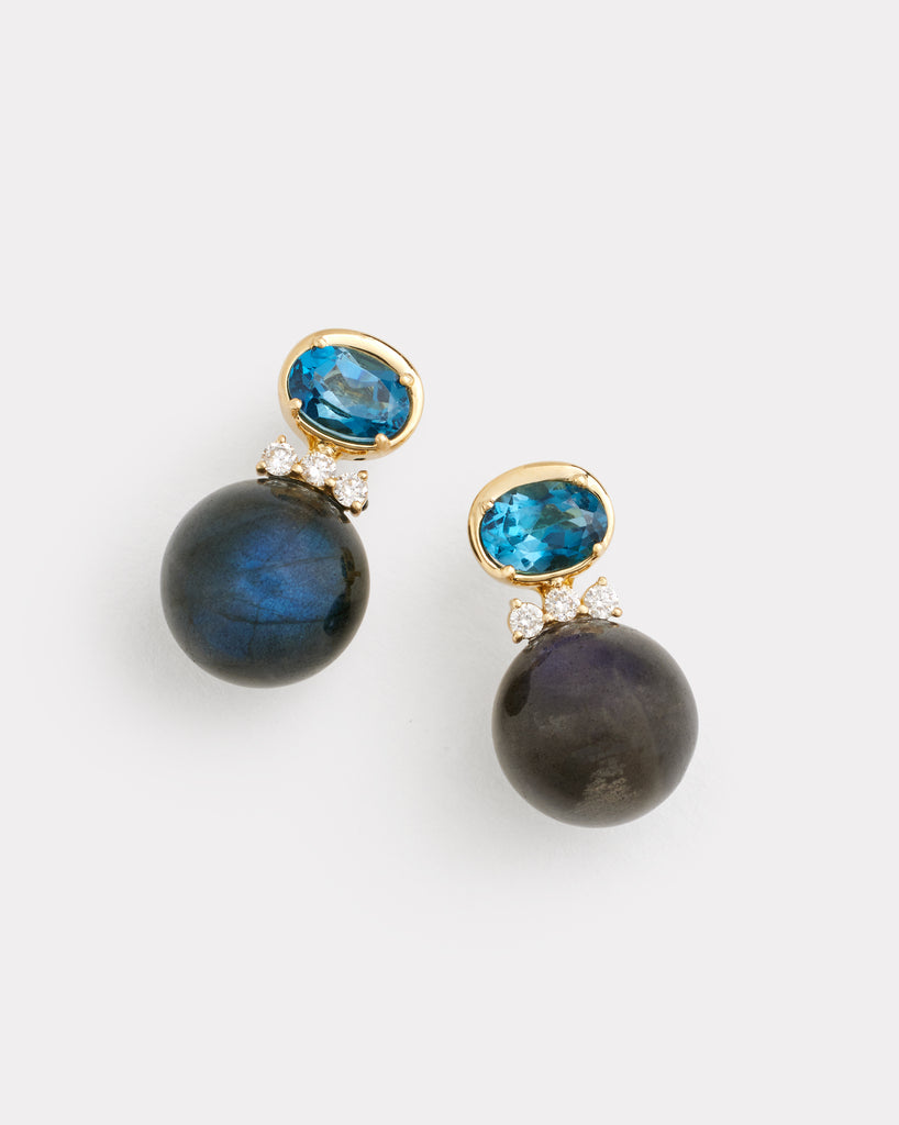 Oval and Round Earrings with London Blue Topaz, Labradorite, and Diamonds