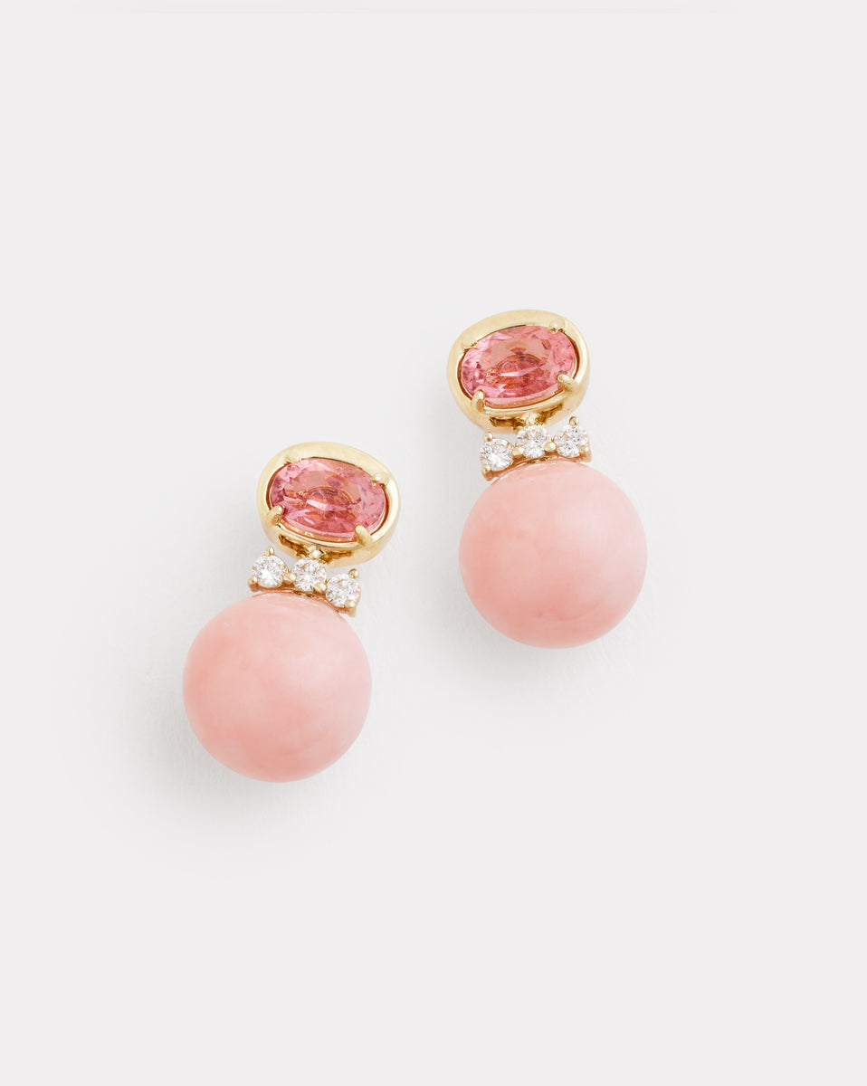 Oval and Round Earrings with Pink Tourmaline, Pink Opal, and Diamonds