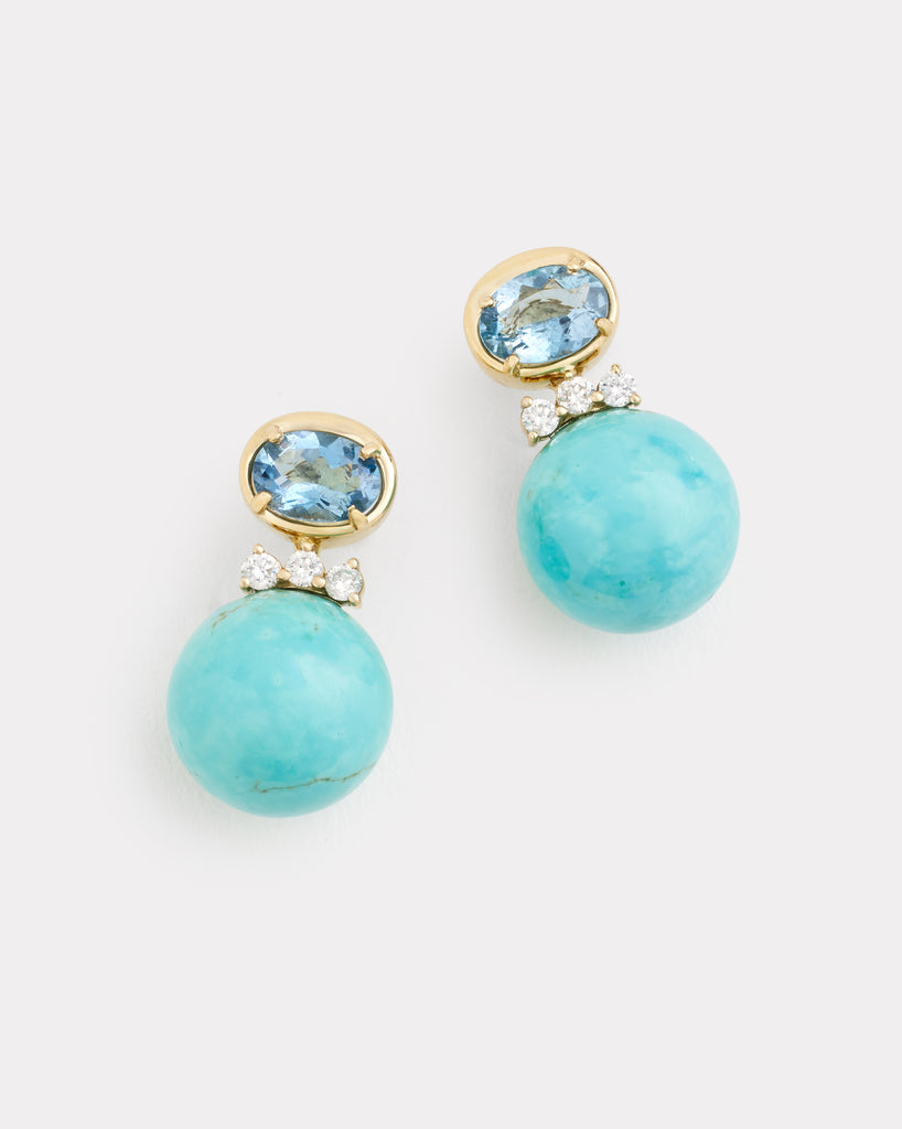 Oval and Round Earrings with Aquamarine, Turquoise, and Diamonds