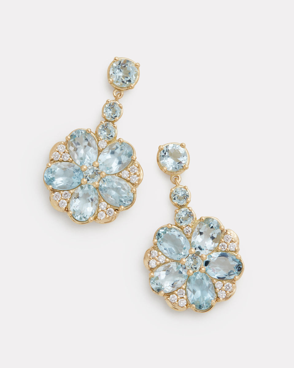 Floral Drop Earrings with Aquamarine and Diamonds