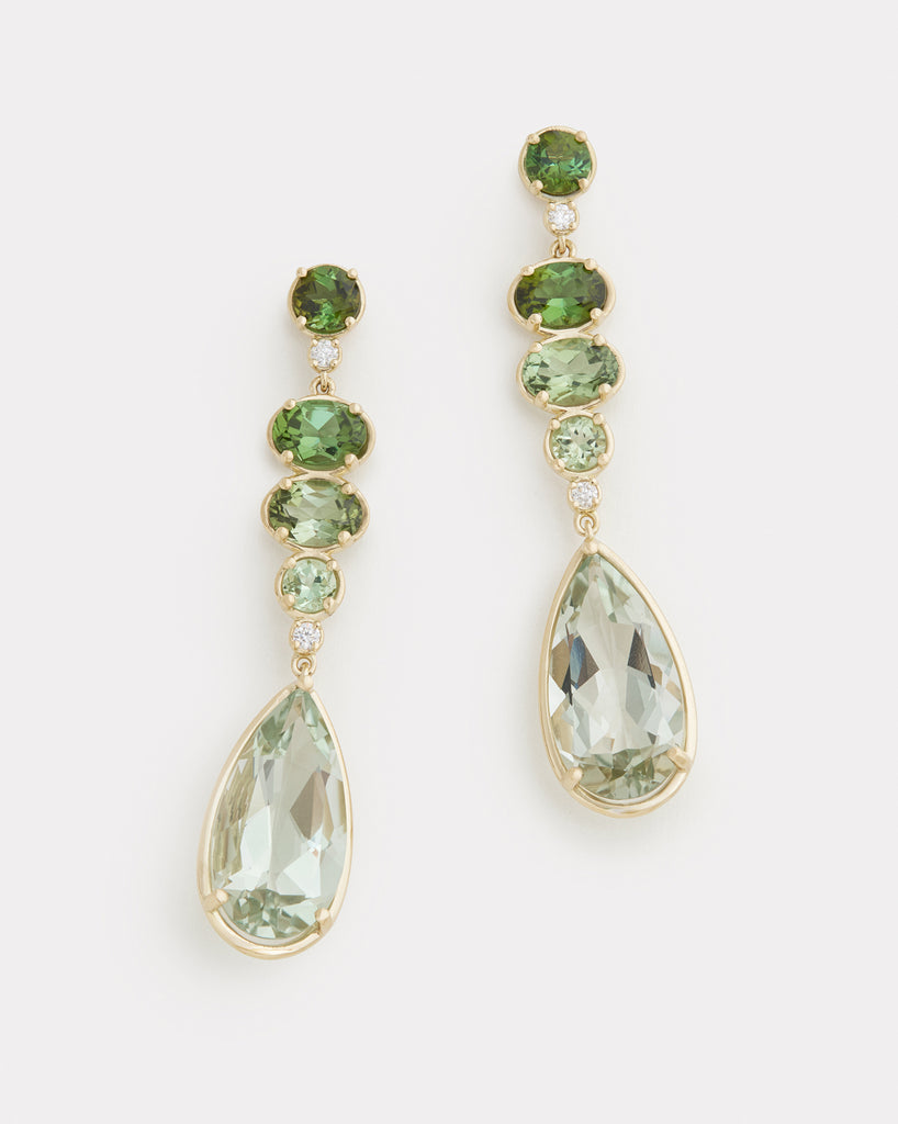 Ombré Oval and Pear Shape Earring with Green Tourmaline, Green Amethyst and Diamonds