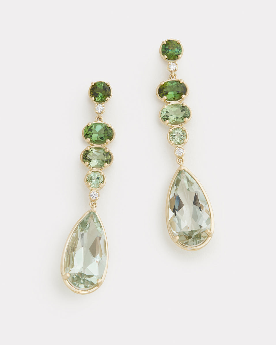 Ombré Oval and Pear Shape Earrings with Green Tourmaline, Green Amethyst and Diamonds