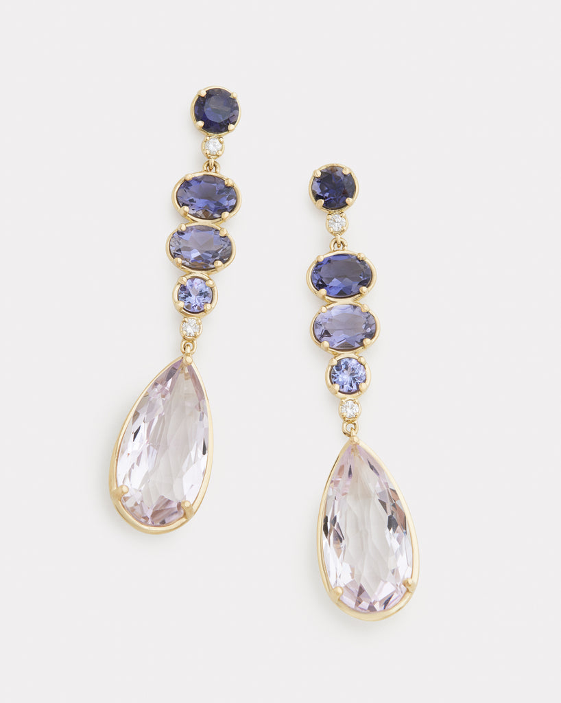 Ombré Oval and Pear Shape Earring with Iolite, Tanzanite, Rose of France and Diamonds