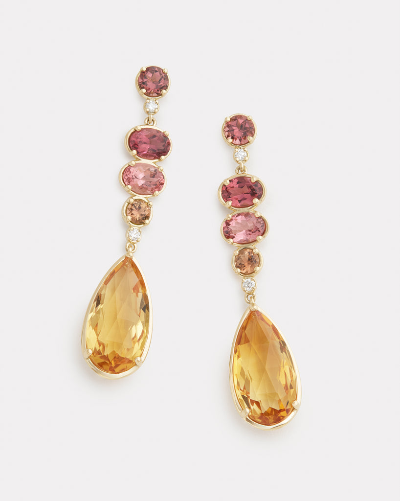 Ombré Oval and Pear Shape Earring with Pink Tourmaline, Citrine and Diamonds