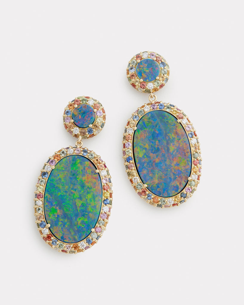 Oval Opal Earring with Multicolor Sapphires and Diamonds