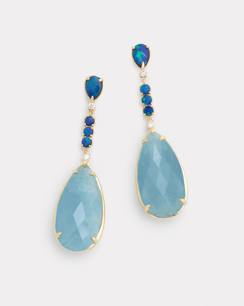 Long Drop Earring with Opal, Aquamarine, and Diamonds