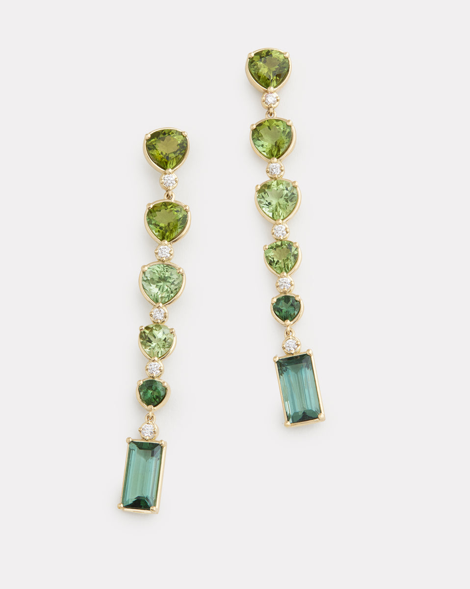 Ombré Pear Shape and Emerald Cut Drop Earrings with Green Tourmaline and Diamonds