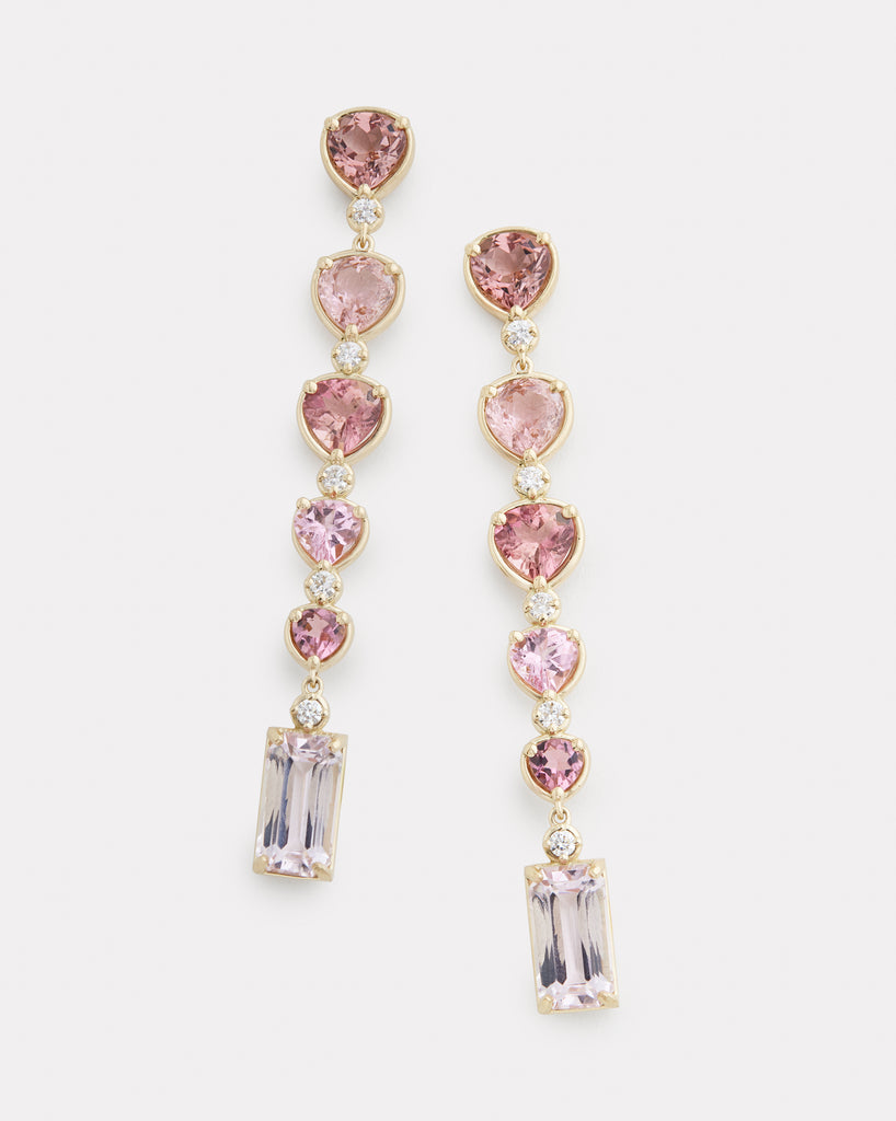 Ombré Pear Shape and Emerald Cut Drop Earrings with Pink Tourmaline, Kunzite and Diamonds