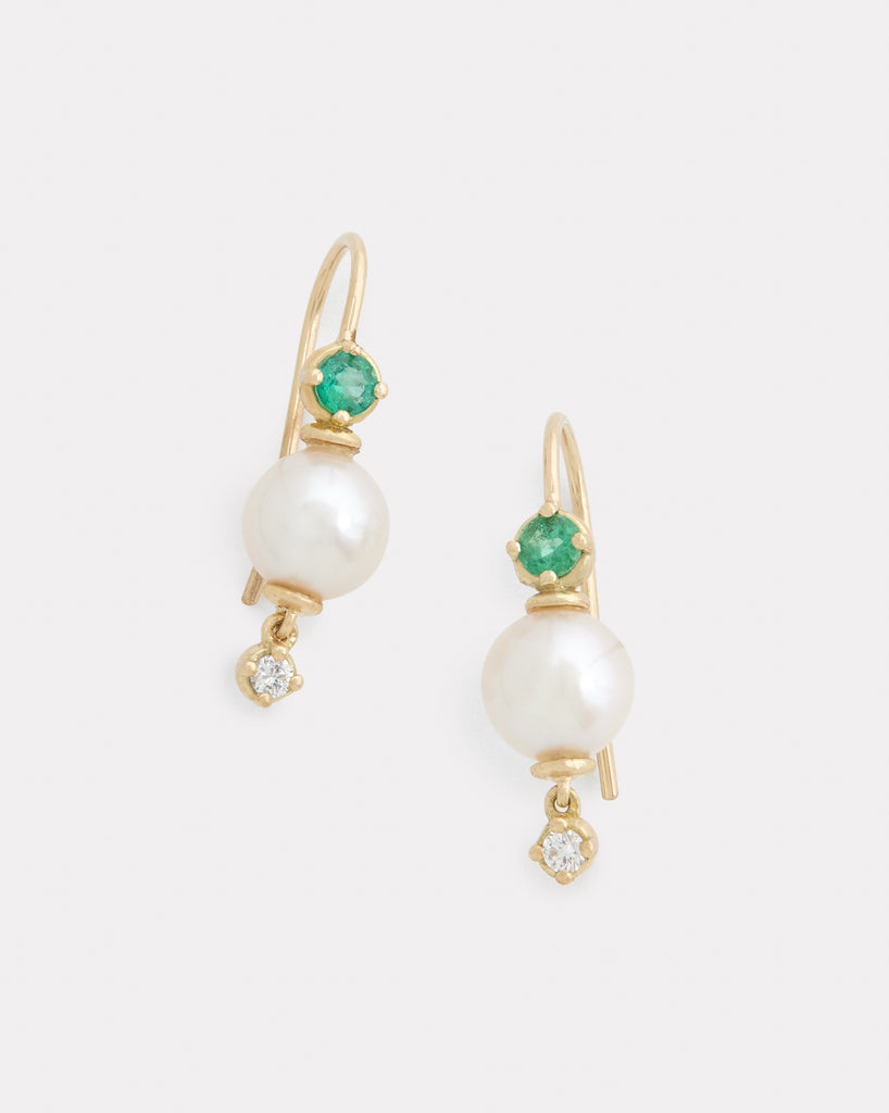 Pearl Drop Earring with Emeralds and Diamonds