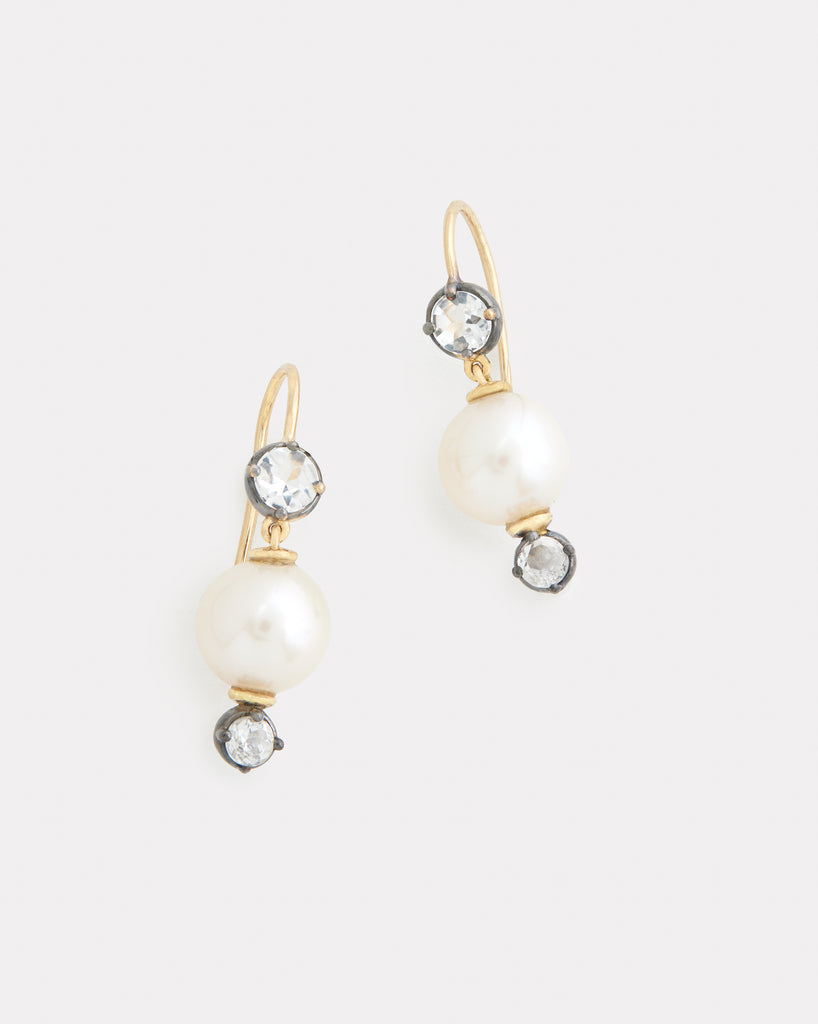Pearl Drop Earring with White Topaz and Blackened Settings
