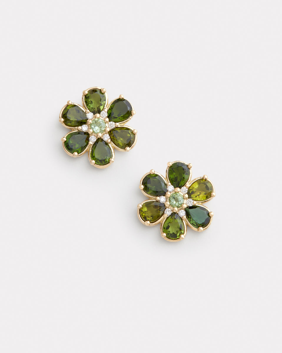 Floral Studs with Green Tourmaline