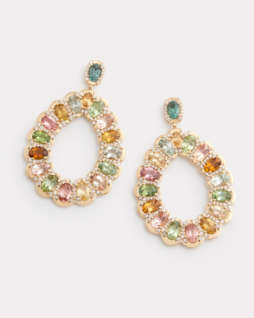 Diamond Detailed Pear Shape Earring with Multicolor Tourmaline