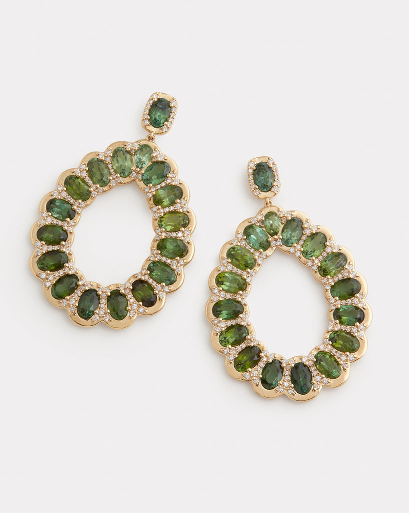 Diamond Detailed Pear Shape Earring with Green Tourmaline