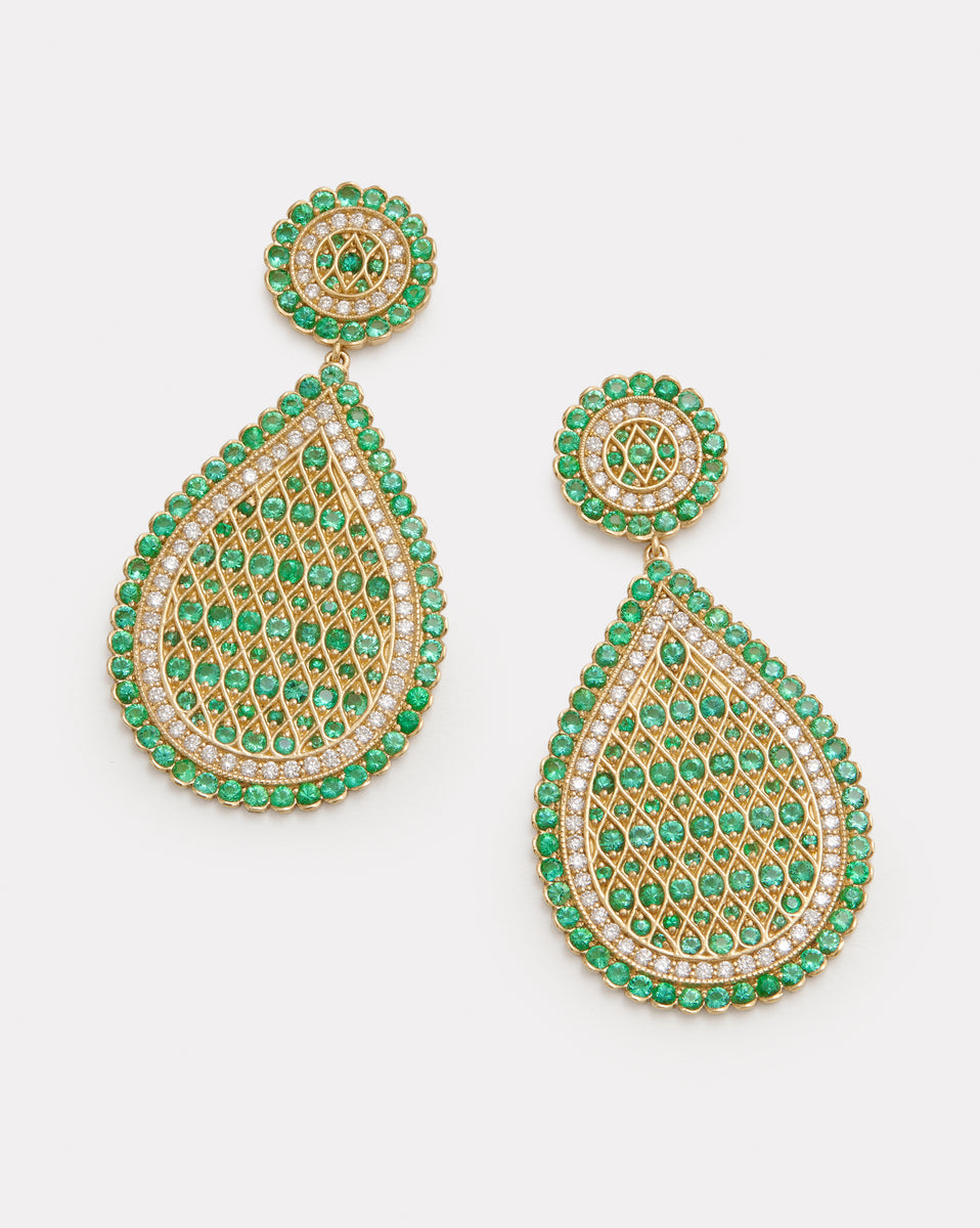 Woven Pear Shape Earrings with Emeralds and Diamonds