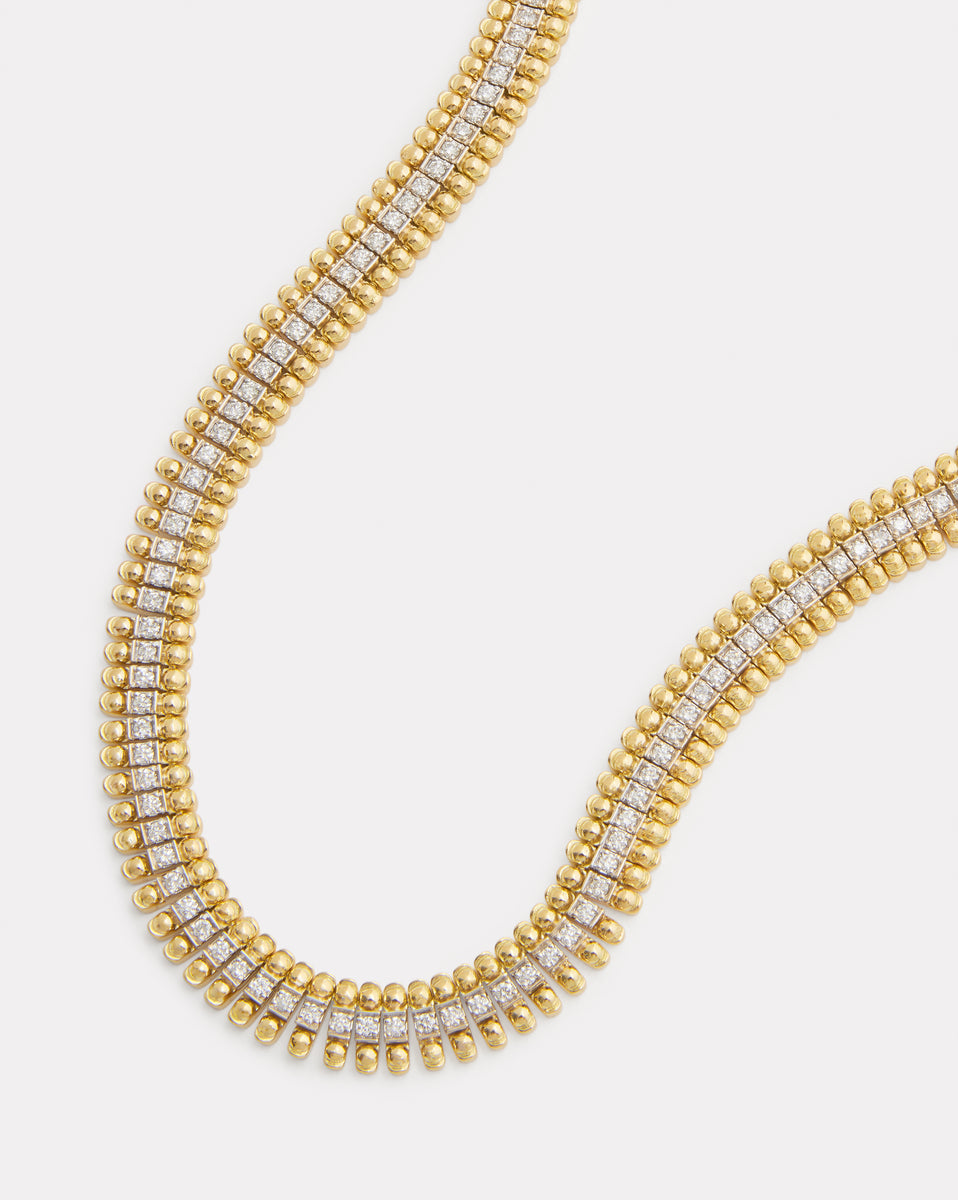 Yellow and White Gold Diamond Necklace with Beaded Edge