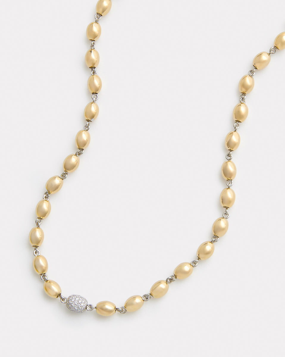 Yellow Gold Oval Beaded Necklace with White Gold Pave Bead