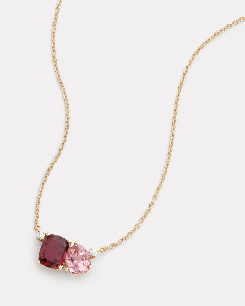 Tourmaline Cushion Cut and Pear Shape Pendant Necklace with Diamonds