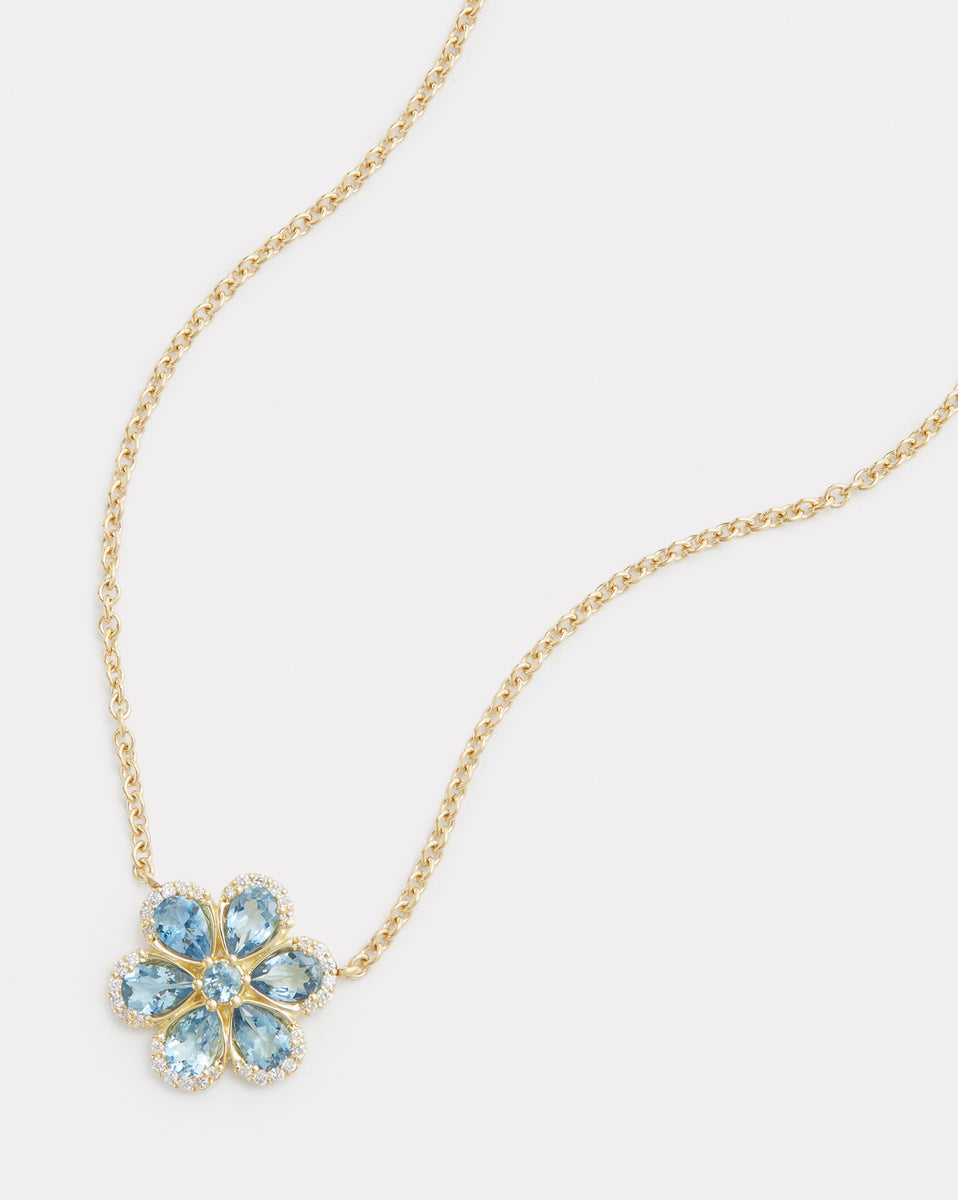 Floral Necklace with Aquamarine and Diamond Edged Petals