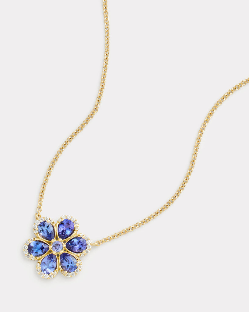 Floral Necklace with Tanzanite and Diamond Edged Petals