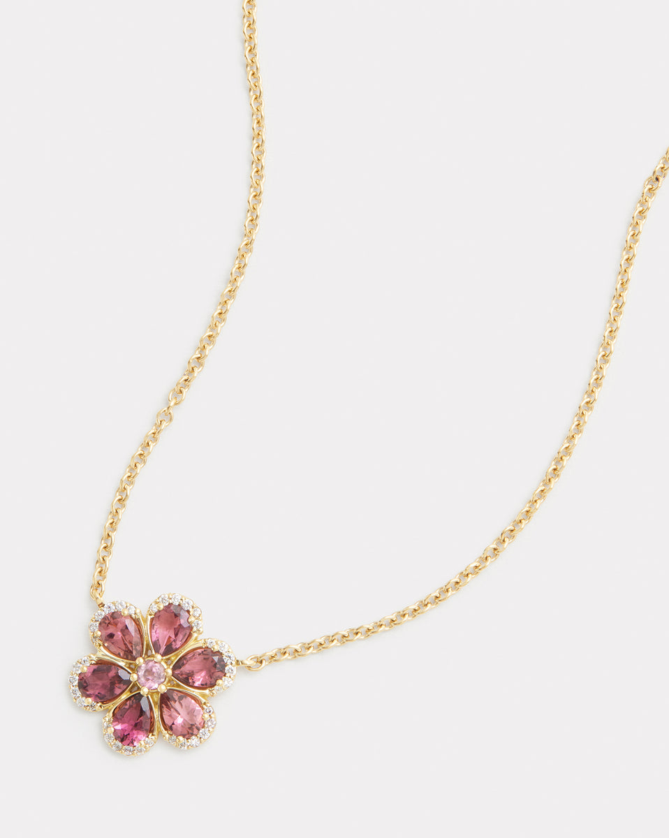 Floral Necklace with Pink Tourmaline and Diamond Edged Petals