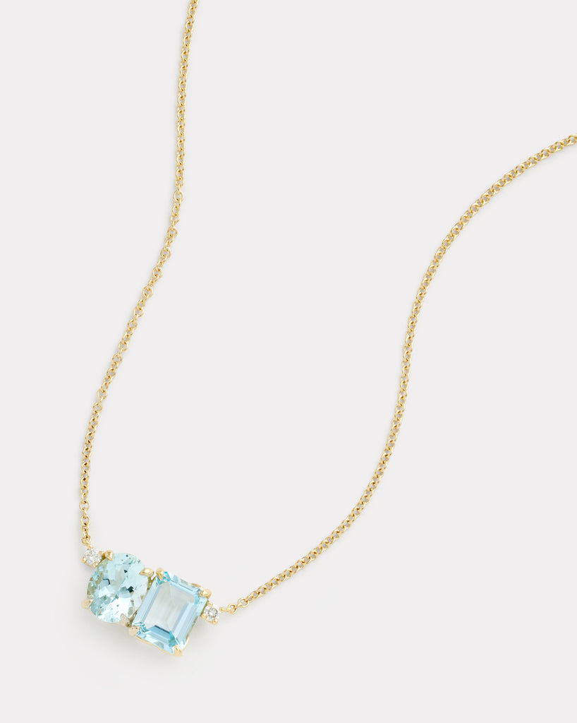 Aquamarine Oval and Sky Blue Topaz Emerald Cut Pendant Necklace with Diamonds