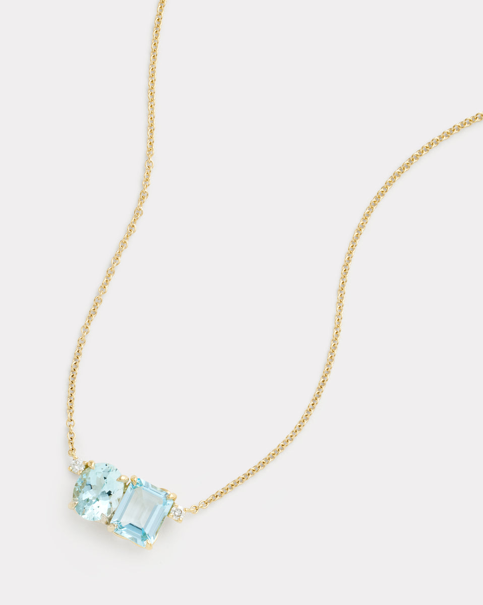Aquamarine Oval and Sky Blue Topaz Emerald Cut Pendant Necklace with Diamonds