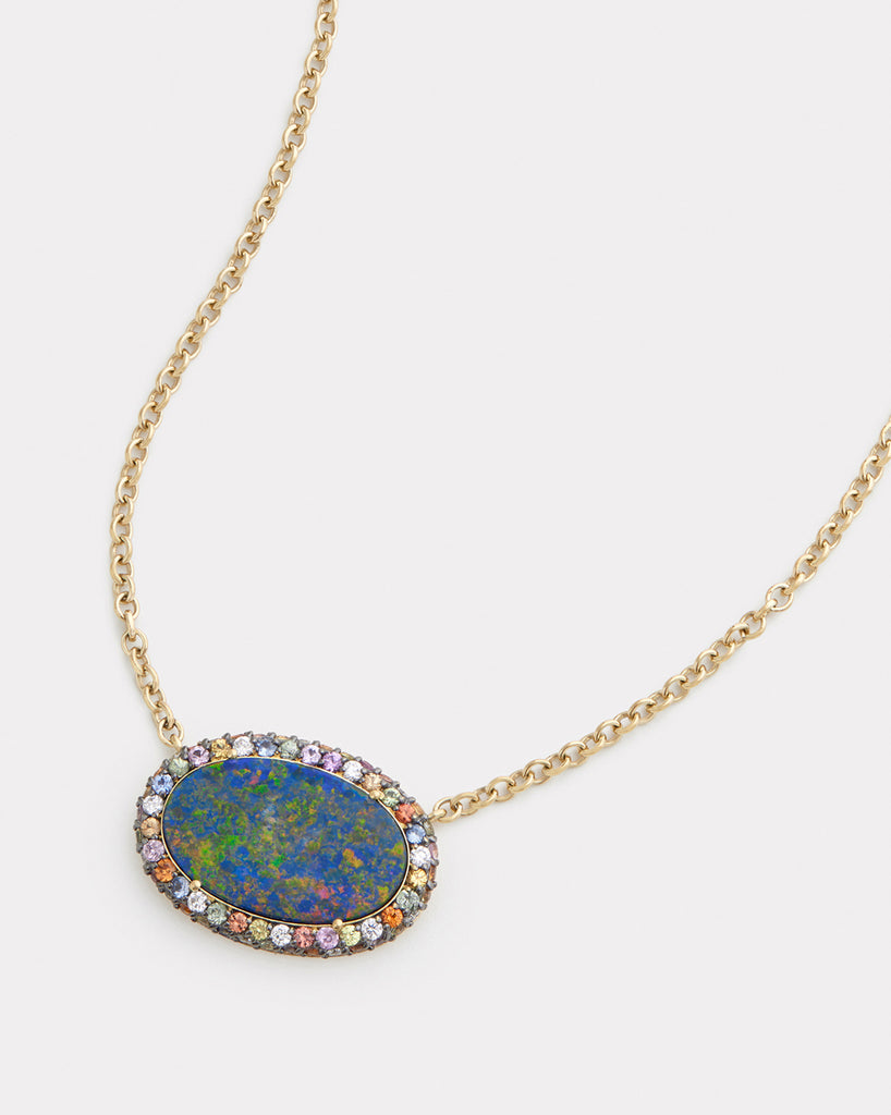 Opal Necklace with Blackened Multicolor Sapphires and Diamonds