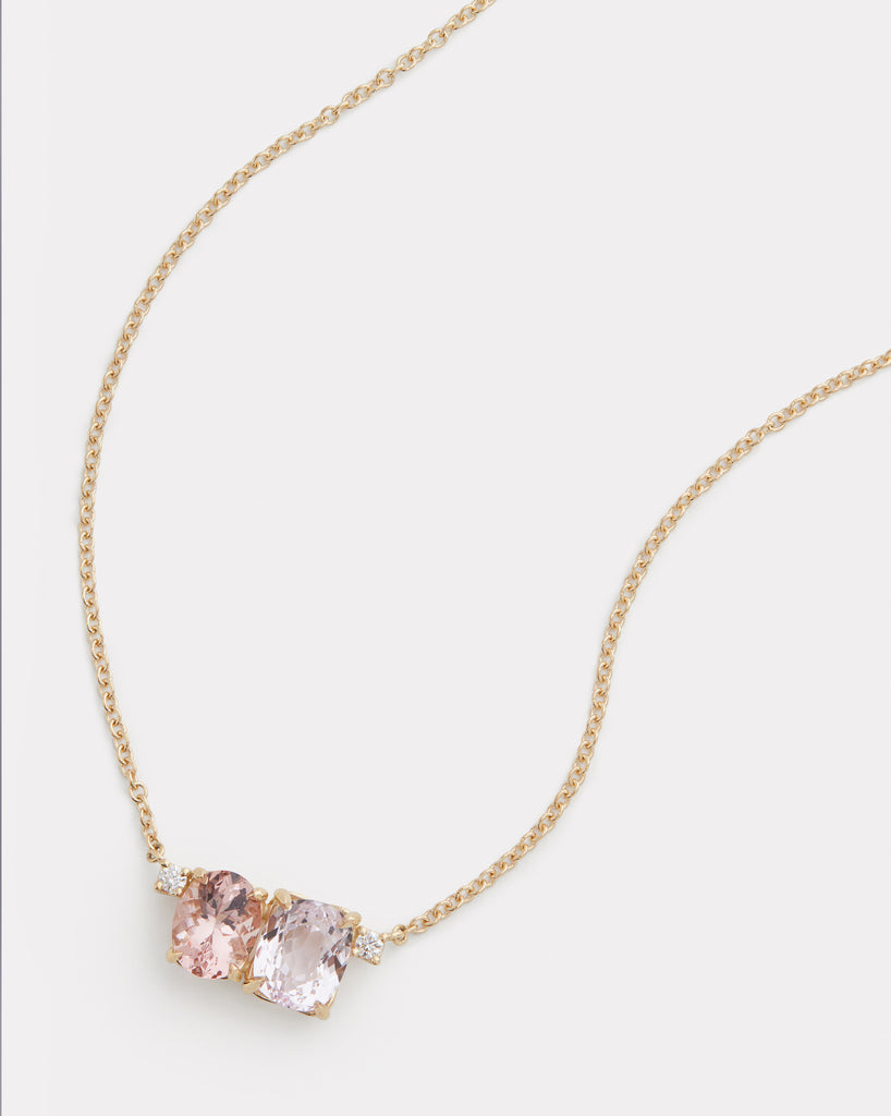 Morganite Oval and Kunzite Cushion Cut Pendant Necklace with Diamonds
