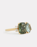 Green Tourmaline Cushion Cut and Pear Shape Ring with Diamonds