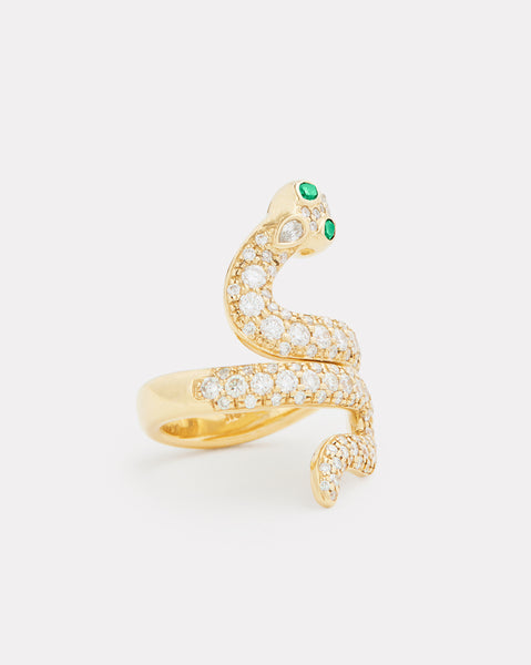 Diamond Snake Ring with Emerald Eyes
