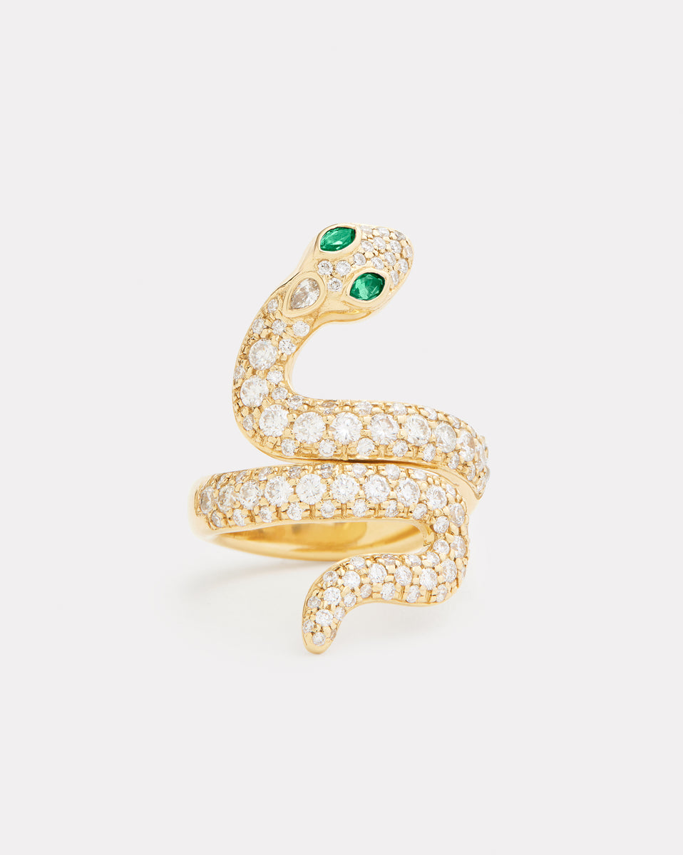Diamond Snake Ring with Emerald Eyes
