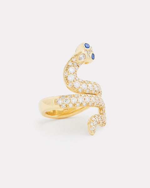 Diamond Snake Ring with Blue Sapphire Eyes