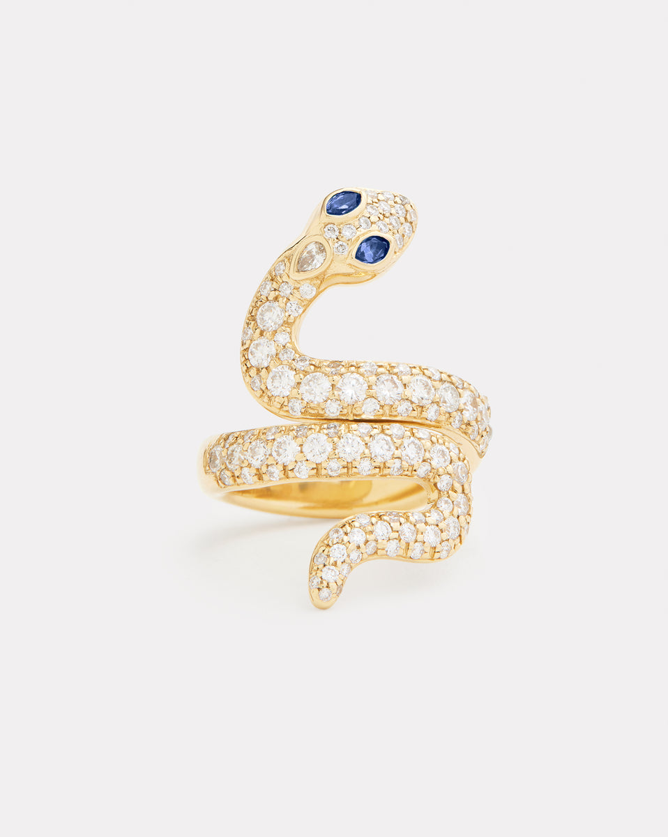 Diamond Snake Ring with Blue Sapphire Eyes