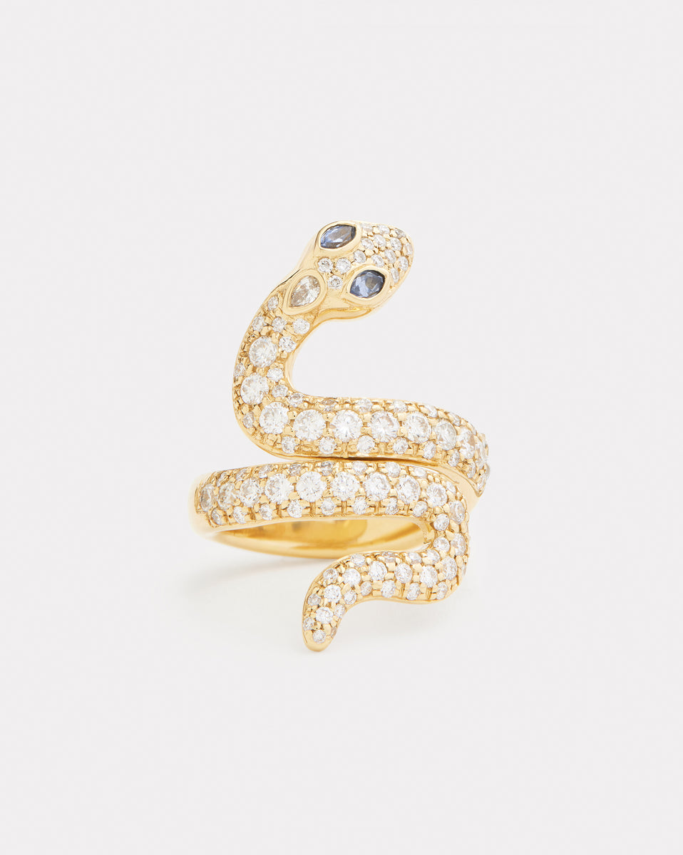Diamond Snake Ring with Light Blue Sapphire Eyes