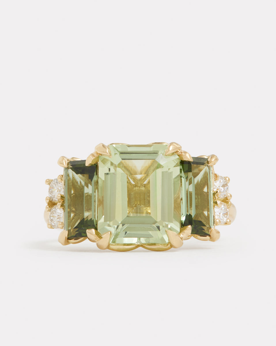 Emerald Cut Ring with Green Tourmaline and Diamonds