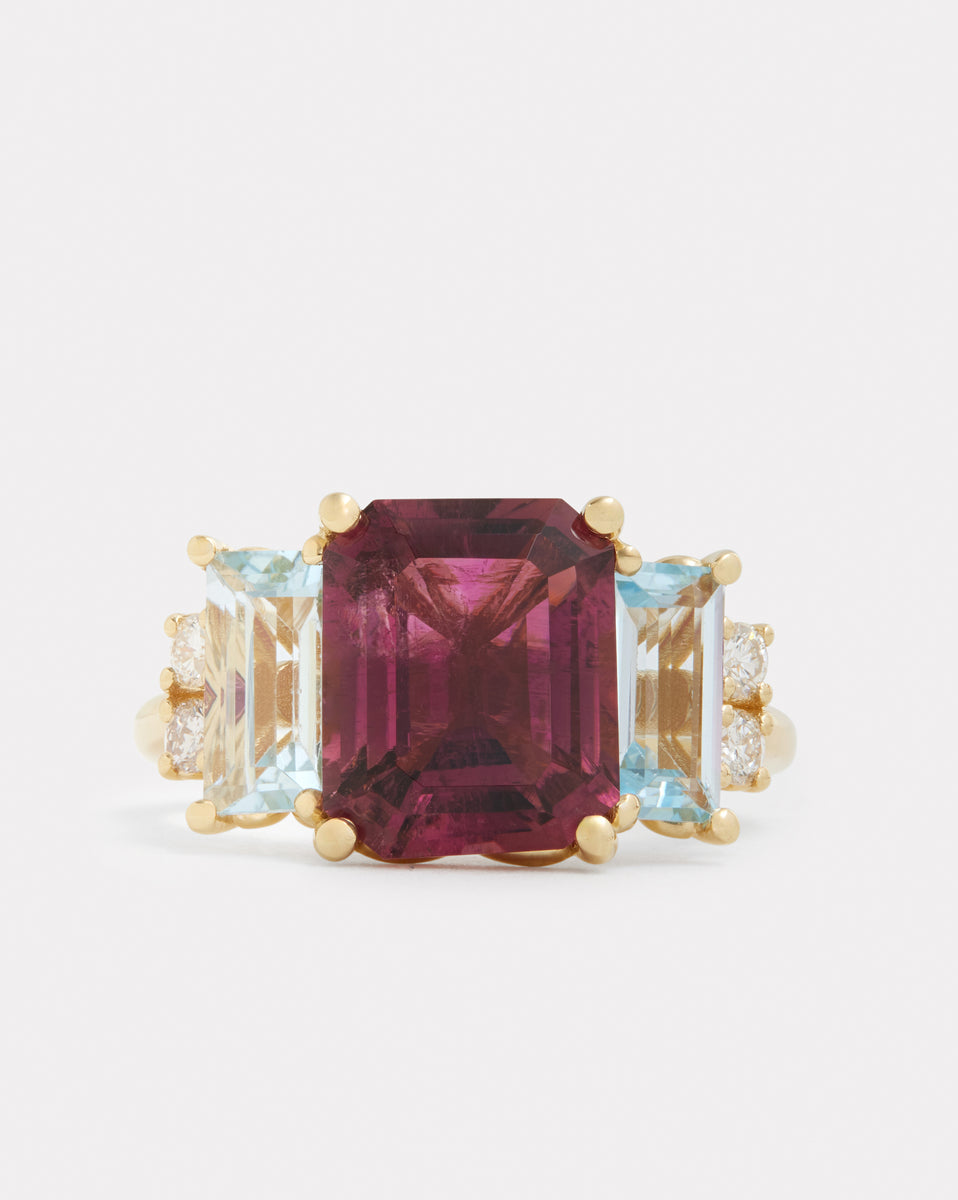 Emerald Cut Ring Pink Tourmaline, Aquamarine, and Diamonds