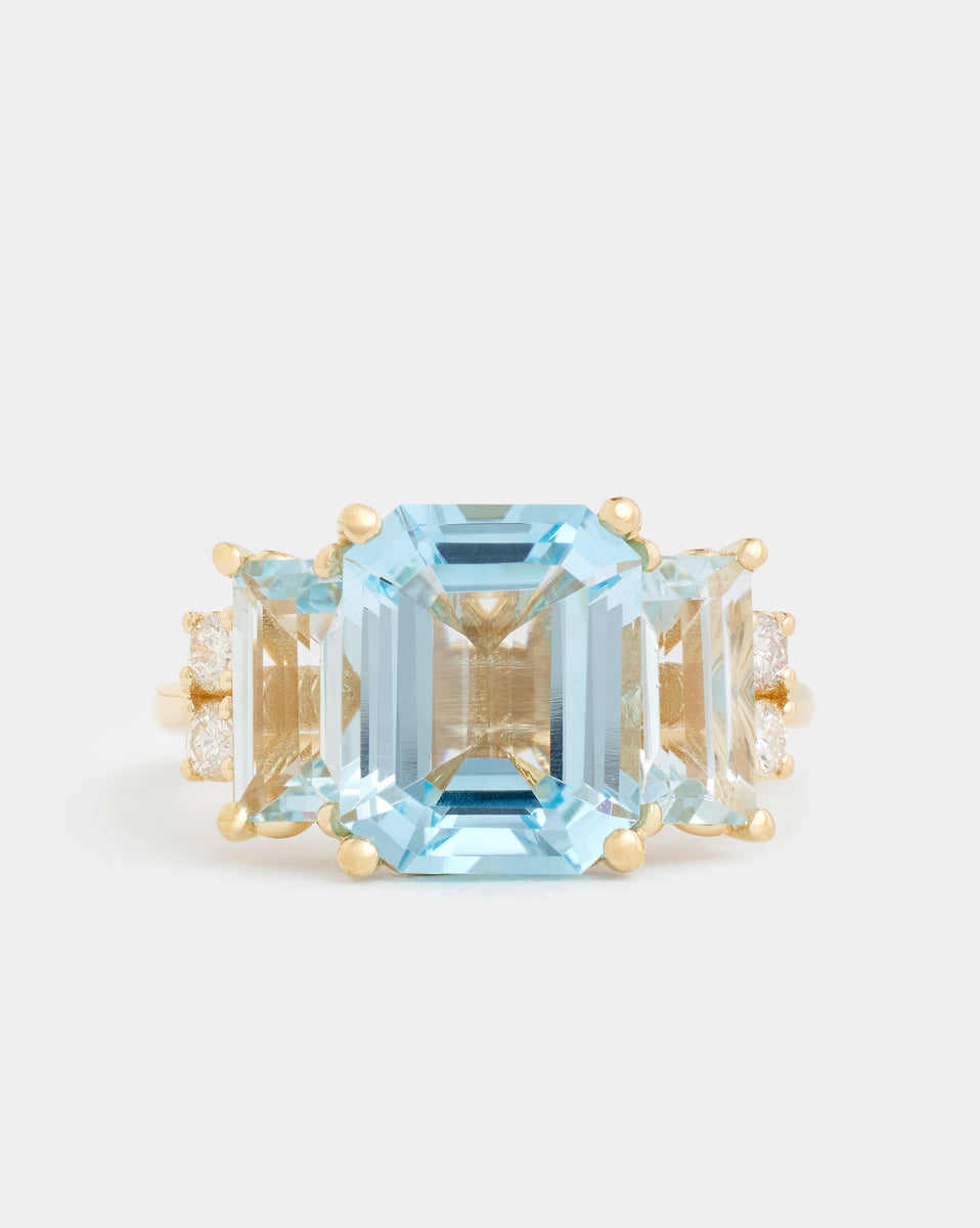 Emerald Cut Ring with Sky Blue Topaz, Aquamarine, and Diamonds