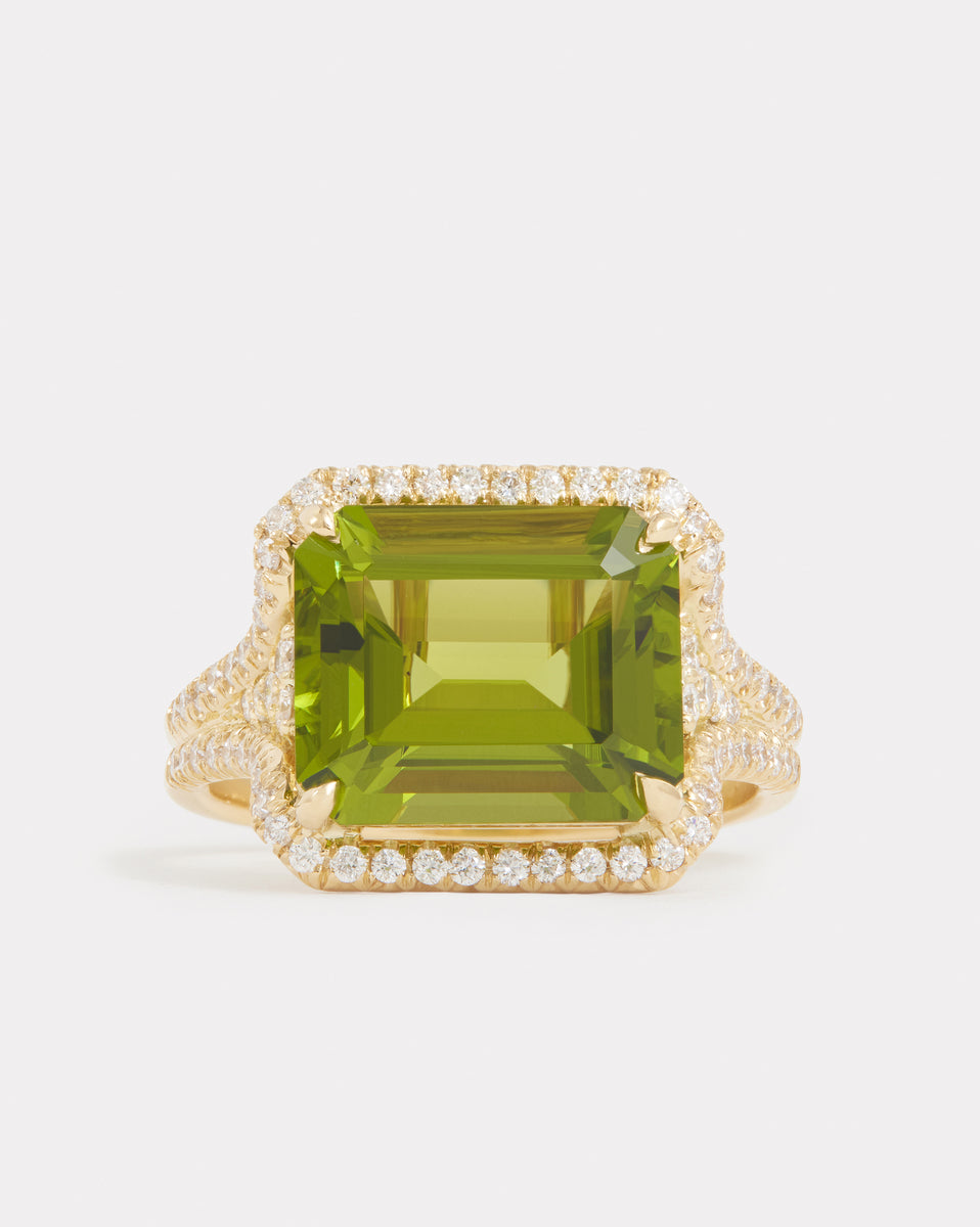 Diamond Edged Emerald Cut Peridot Ring