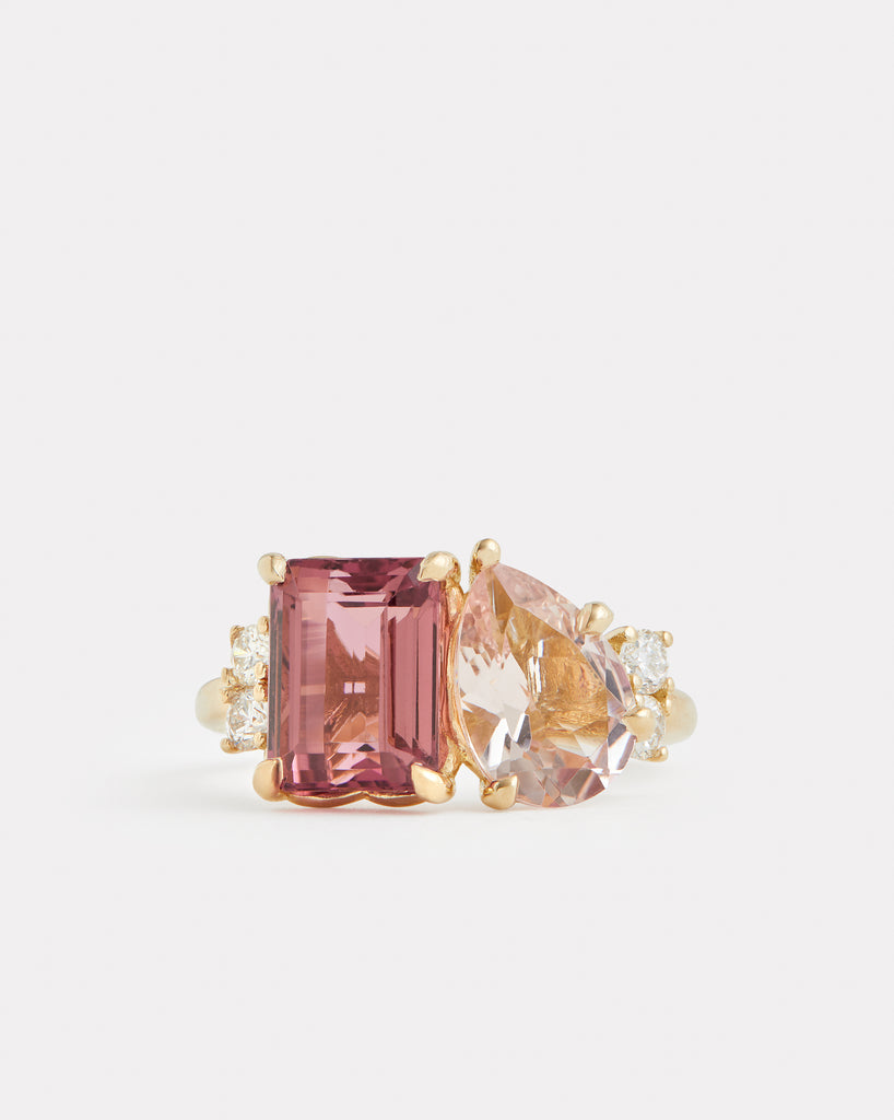 Pink Tourmaline Emerald Cut and Morganite Pear Shape Ring with Diamonds