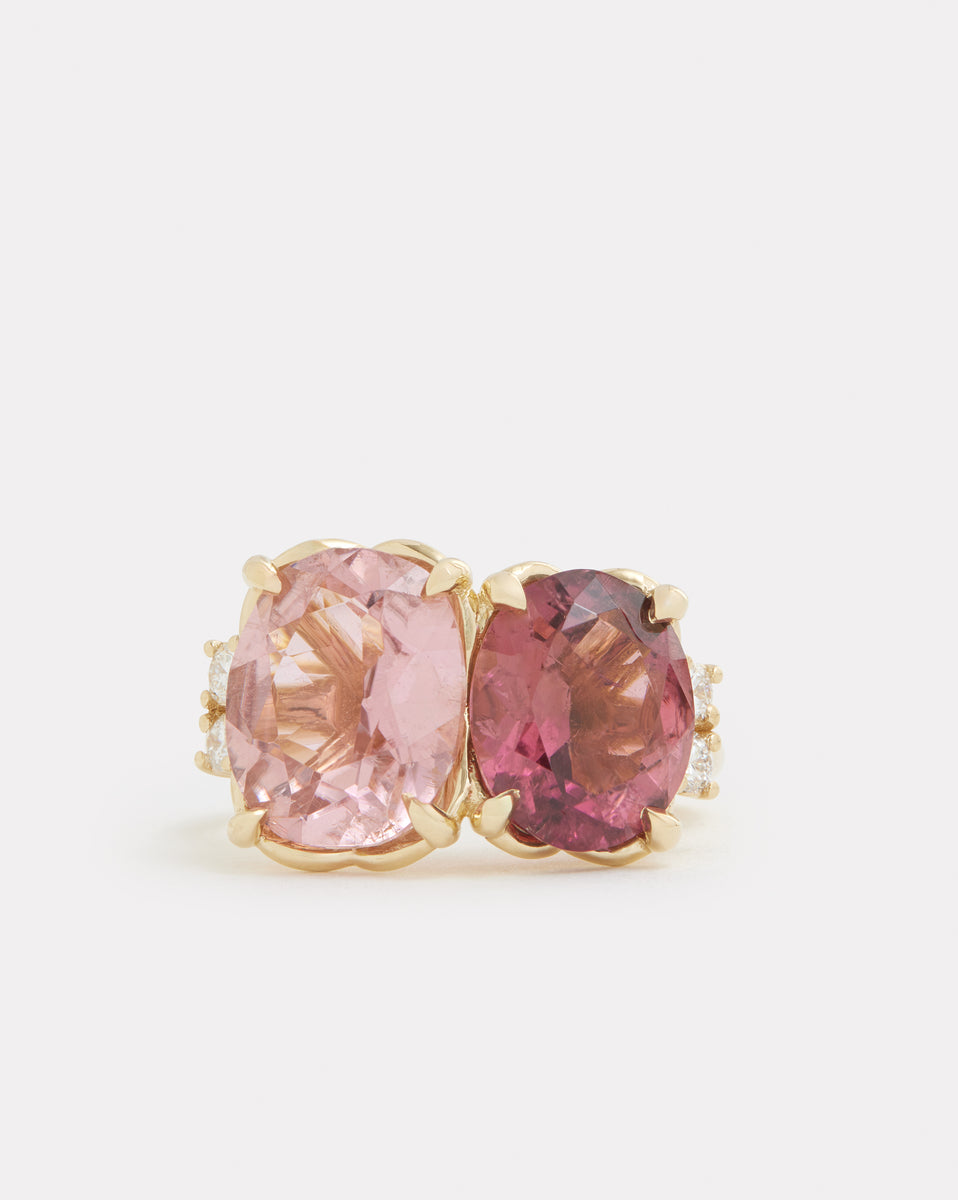 Pink Tourmaline Oval and Cushion Cut Ring with Diamonds