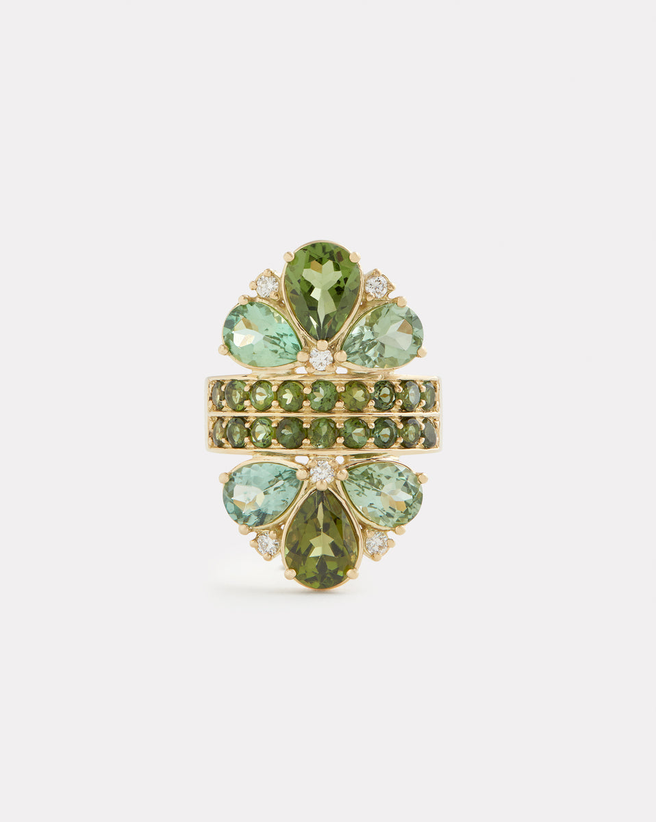 Pear Shape Green Tourmaline and Diamond Mirrored Ring