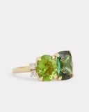 Green Tourmaline Cushion and Peridot Oval Ring with Diamonds