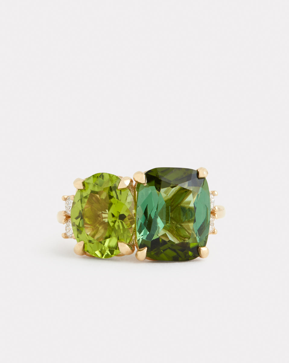 Green Tourmaline Cushion and Peridot Oval Ring with Diamonds