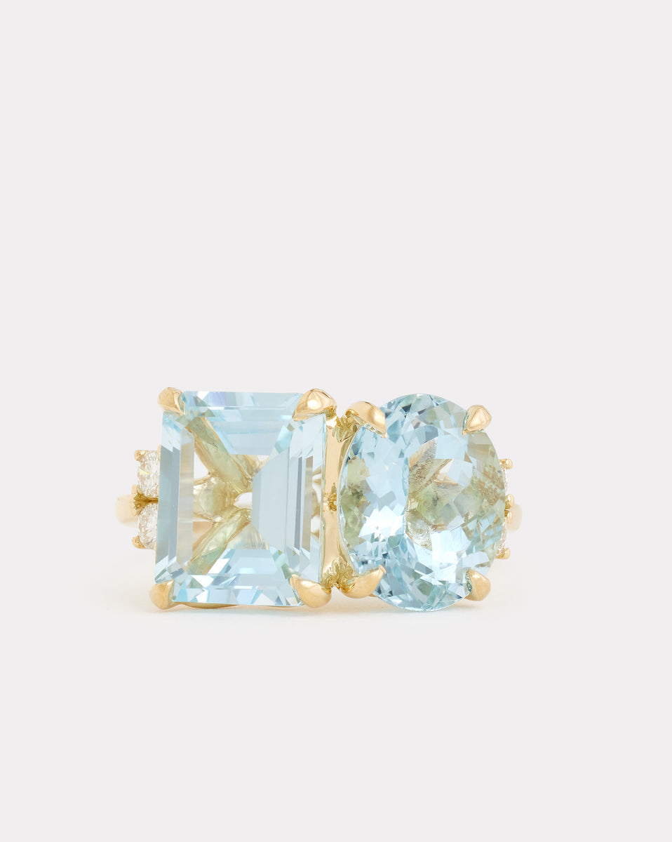 Aquamarine Oval and Sky Blue Topaz Emerald Cut Ring with Diamonds