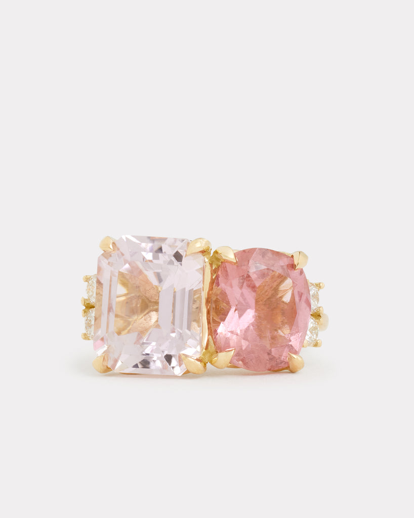 Kunzite Emerald Cut and Pink Tourmaline Oval Ring with Diamonds