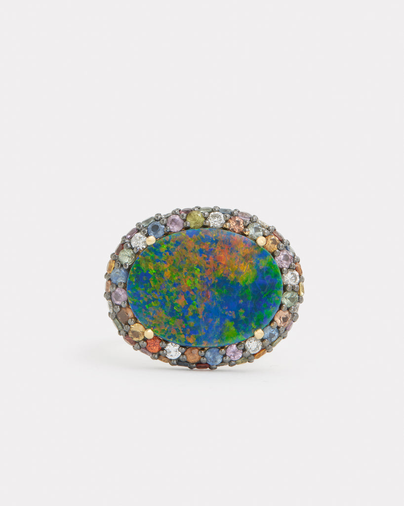 Opal Ring with Blackened Multicolor Sapphires and Diamonds