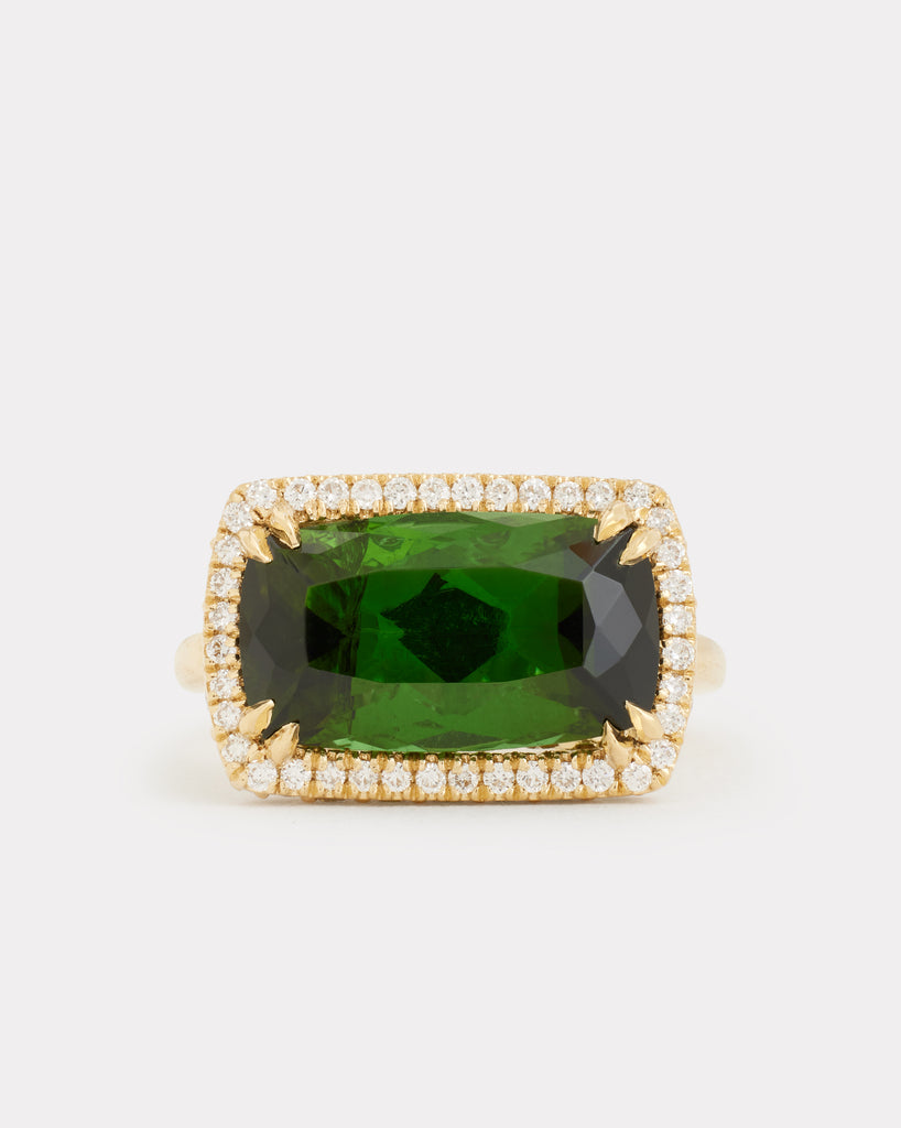 Green Tourmaline Long Cushion Cut Ring with Diamonds