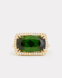 Green Tourmaline Long Cushion Cut Ring with Diamonds
