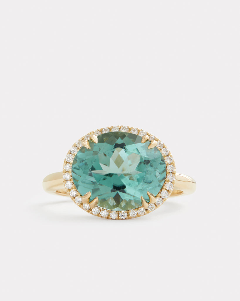 Blue Tourmaline Oval Ring with Pave Setting