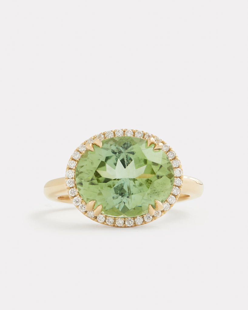 Green Tourmaline Oval Ring with Pave Setting